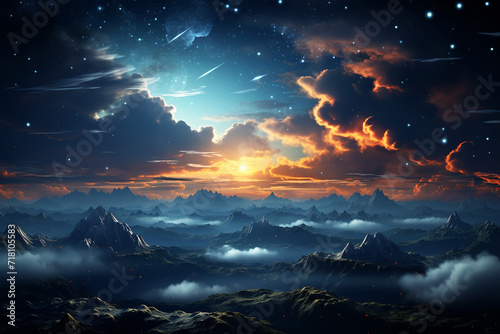 Fantasy beautiful moon with clouds and stars at night