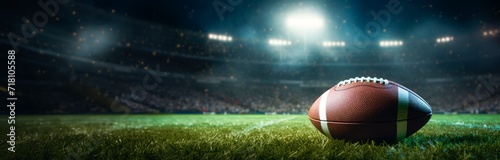 american football ball on the grass with blurred stadium  lights in the background, horizontal wallpaper or banner, large copy space for text. sport,  show and big game concept 