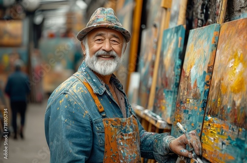A bearded man stands on a street, wearing a hat and painting on canvas, his fashion accessory adding to the visual arts of his outdoor portrait