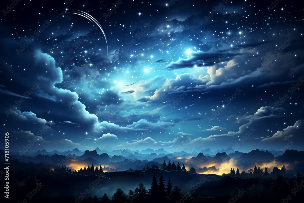 Fantasy beautiful moon with clouds and stars at night