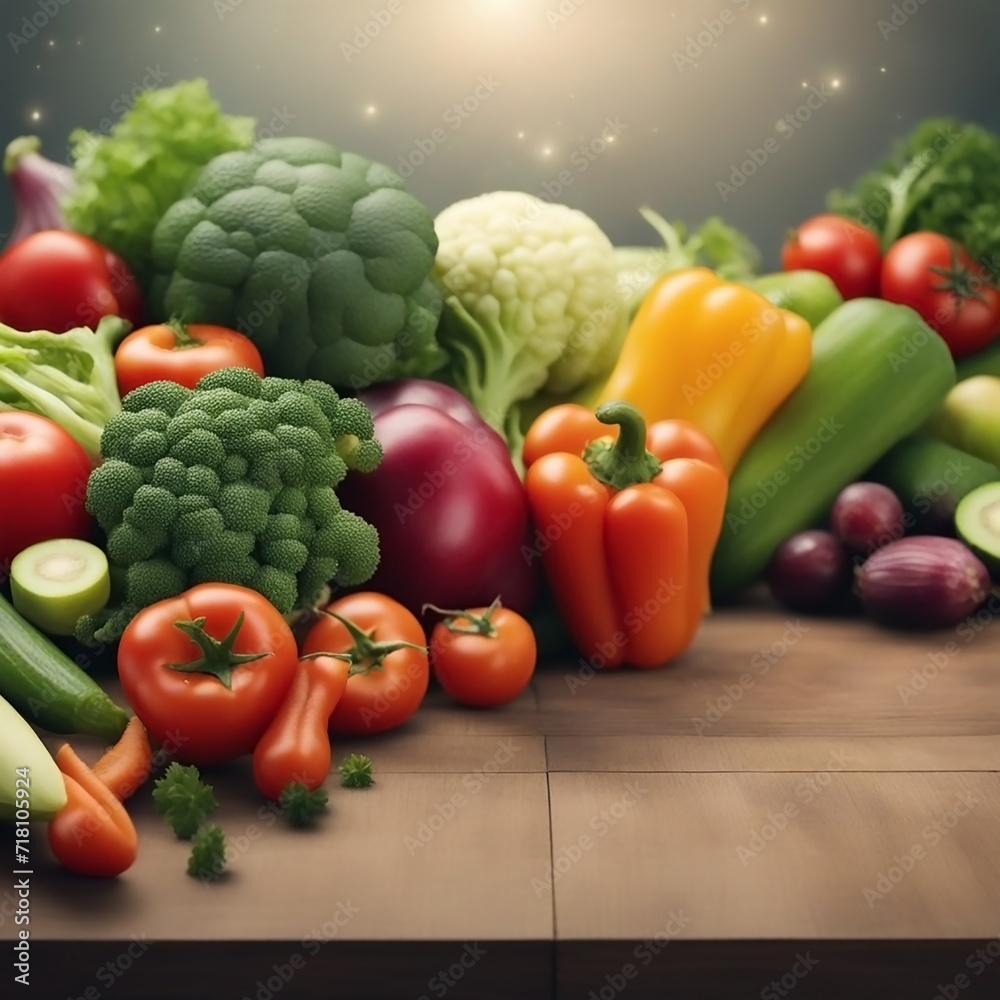 Side view of vegetarian food banner image, white color diet plate with different types of delicious vegetables and fruits on timber table top Side view of vegetarian food banner image, white color diet plate with different types of delicious vegetables and fruits on timber table top