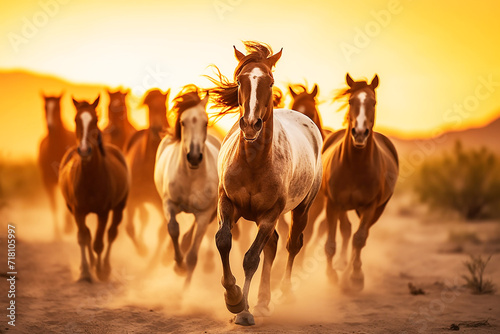 Group of horses running with sunset