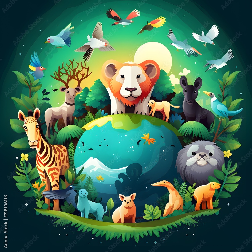 Naklejka premium Vibrant and colorful illustration for World Wildlife Day. A majestic lion in the center, surrounded by zebra, deer, otter, and various bird species around a lush, green planet.