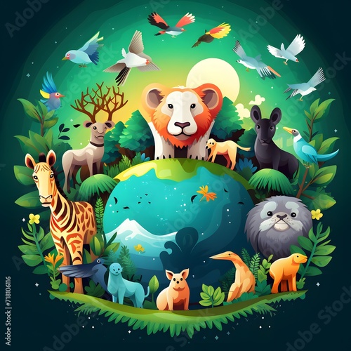 Vibrant and colorful illustration for World Wildlife Day. A majestic lion in the center  surrounded by zebra  deer  otter  and various bird species around a lush  green planet.