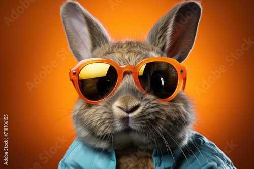 Rabbit with sunglasses as cool Easter bunny concept. Summer vacation banner. Space for text and advertisement