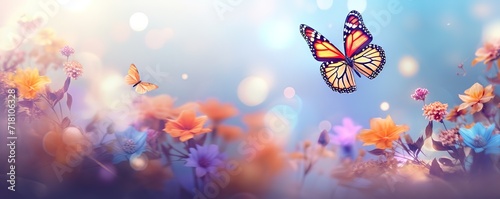 Butterflies flying over colorful flowers. generative AI © original logo