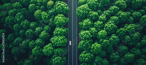Aerial view of a car driving on a winding asphalt road through a dense and vibrant green rainforest