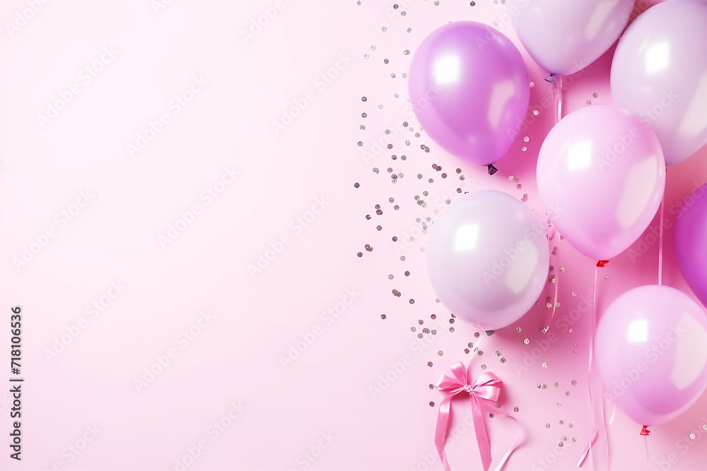 Top view balloons and confetti on pastel pink background