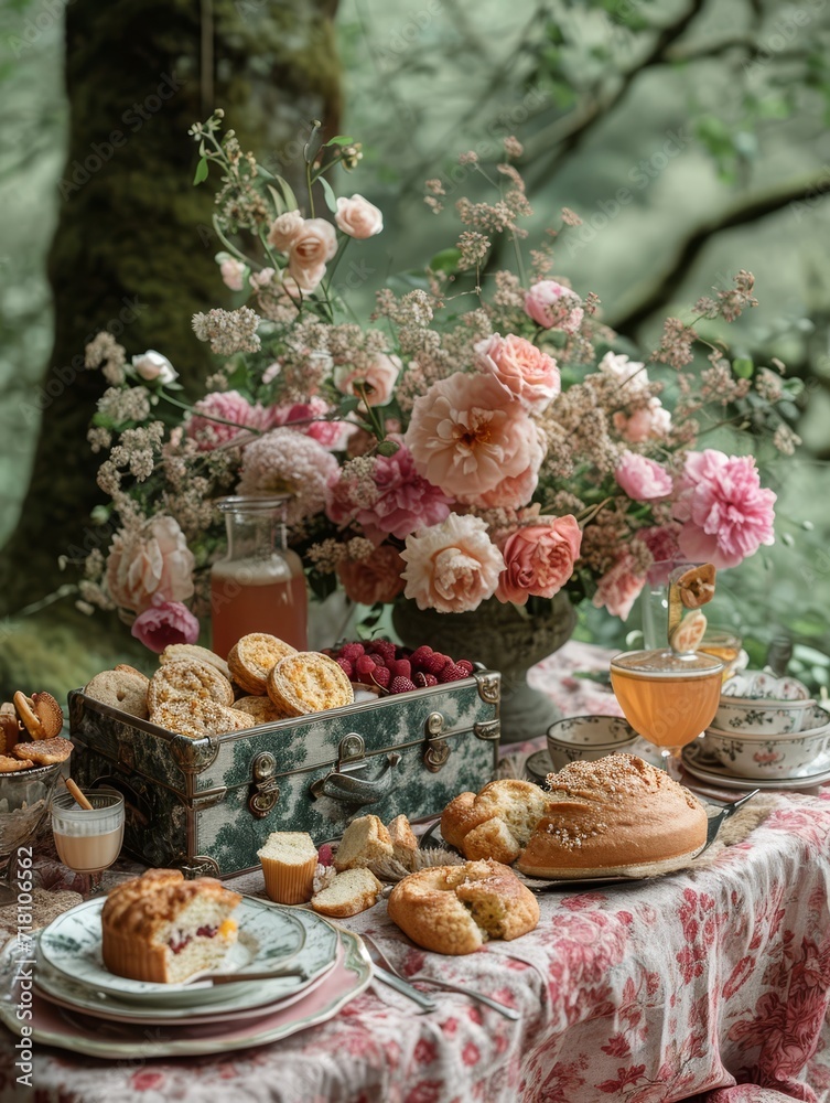 A picturesque outdoor table adorned with delectable baked goods and a beautiful floral centerpiece, featuring a stunning rose design, creating a perfect balance of nature and indulgence