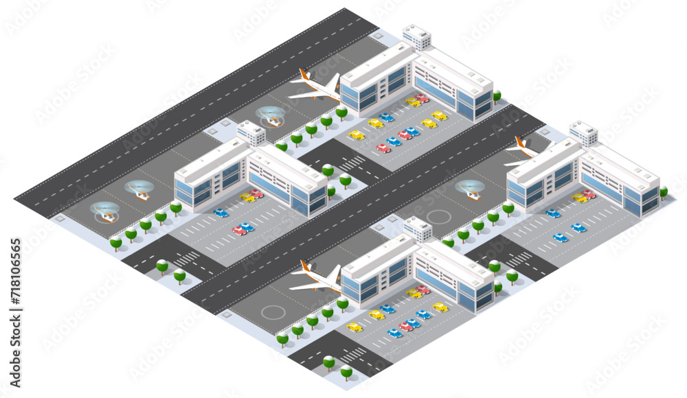 Isometric map of the city's airport, the trees and the flight of construction