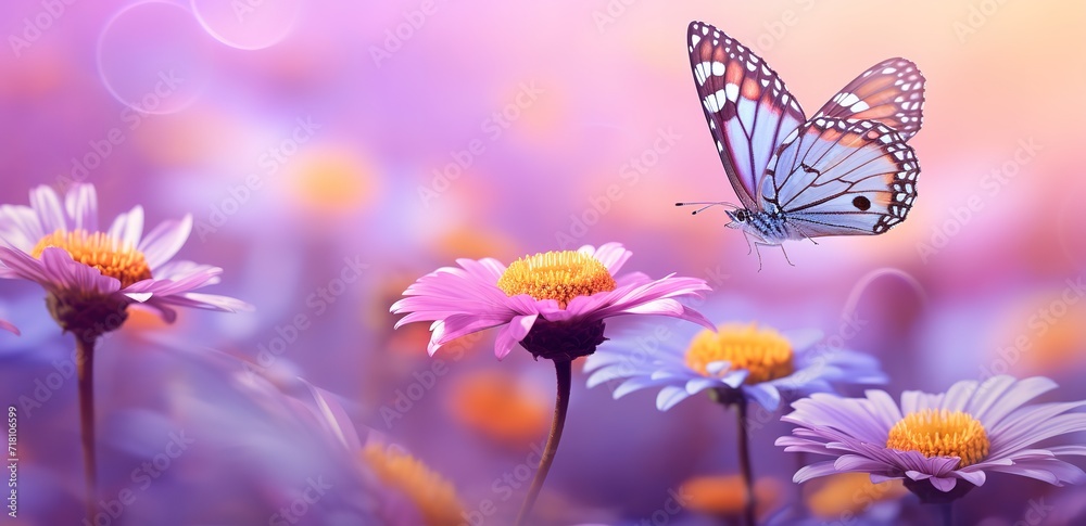 Butterflies flying over colorful flowers. generative AI