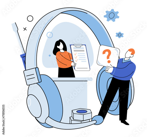 Customer service. Vector illustration. The customer service team is committed to assisting and supporting customers Providing accurate answers is fundamental aspect customer service Technology enables