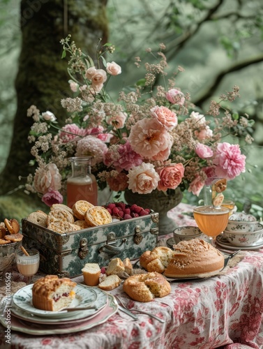 A picturesque outdoor table adorned with delectable baked goods and a beautiful floral centerpiece, featuring a stunning rose design, creating a perfect balance of nature and indulgence
