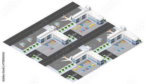 Isometric map of the city's airport, the trees and the flight of construction