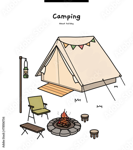 This illustration is a picture of camping with a tent and a bonfire.