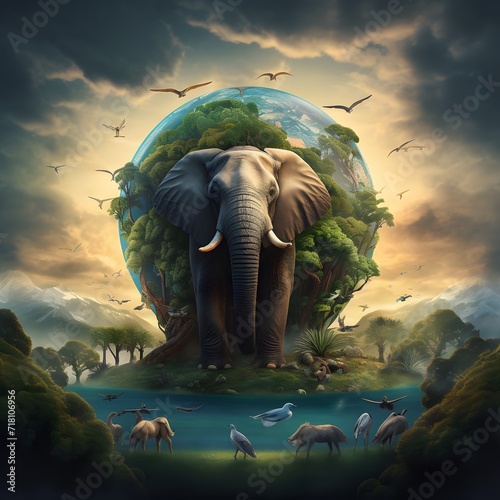 A majestic elephant at the forefront with a world globe morphed into its back.