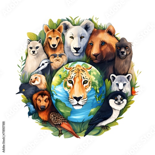 World Wildlife Day, animals around the Earth. Illustration on white background.
