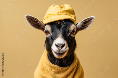 the goat wears a yellow hat