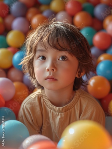A young child's face lights up with joy as they play in a ball pit, surrounded by colorful balloons and balls, their clothing adding to the festive atmosphere of the indoor party supply playground