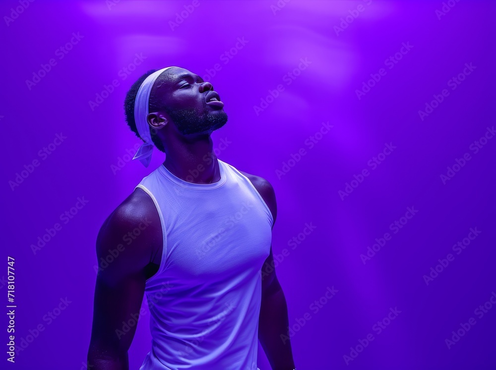 A vibrant and stylish man adorned in a white tank top and headband stands out in the sea of purple hues at a concert, his human face radiating with the energy of the magenta music surrounding him A vibrant and stylish man adorned in a white tank top and headband stands out in the sea of purple hues at a concert, his human face radiating with the energy of the magenta music surrounding him