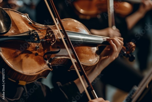 Talented musician playing violin cello in orchestra concert theatre opera musical talent skill classical music artistic performance string instrument intelligent person clear sound live show symphony