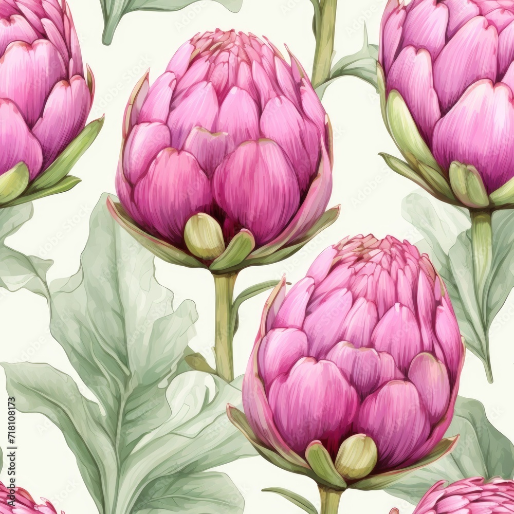 Fototapeta premium Artichoke flowers in vintage botanical style as a seamless arnament for packaging design