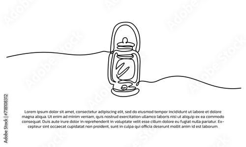Continuous line design of petromax lamp. Single line decorative element drawn on white background. photo