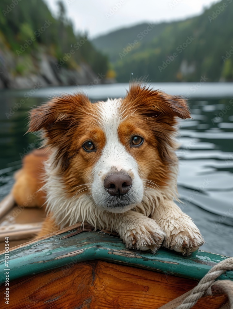A majestic brown collie eagerly awaits his next adventure, sitting patiently on a boat as he takes in the beauty of the outdoor lake surroundings