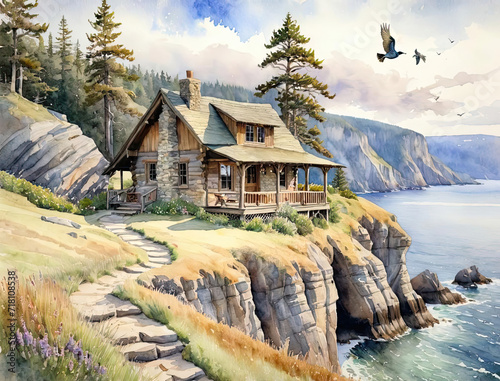 Enchanting Watercolor Painting of a Remote Ranger Station Gen AI photo