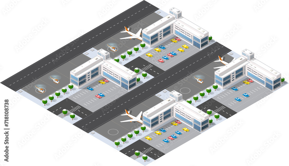 Isometric map of the city's airport, the trees and the flight of construction
