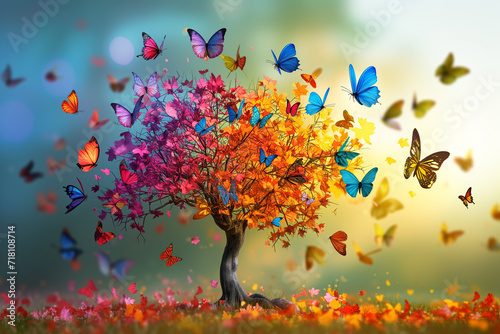 background of the fantastic butterfly tree. Elegant colorful tree with vibrant leaves hanging branches illustration background. Bright color 3d abstraction wallpaper for interior mural painting wall a © Nataliia_Trushchenko