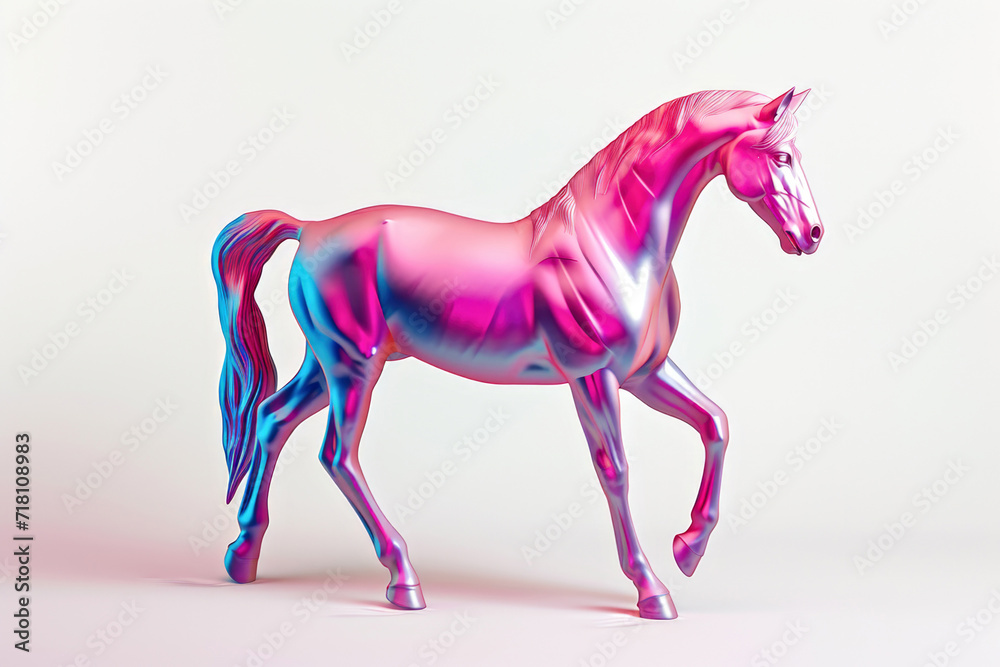 Obraz premium On a white surface, a poised horse in delightful shades of pink and blue
