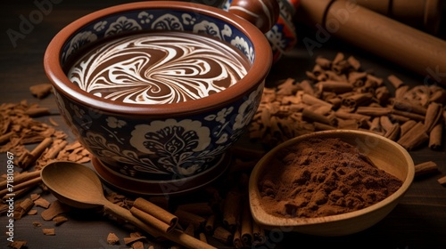A full ultra HD photo capturing the intricate design of a Mexican hot chocolate traditional molinillo, a wooden whisk used for frothing, set against a backdrop of cocoa beans. photo