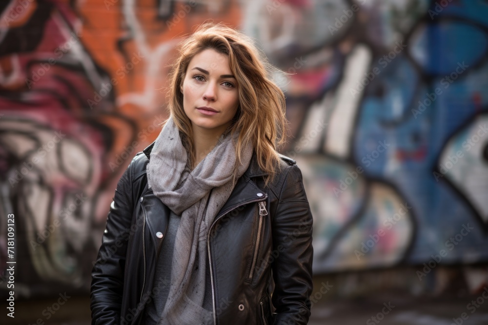 A woman standing in front of a graffiti covered wall. A woman standing in front of a graffiti covered wall.