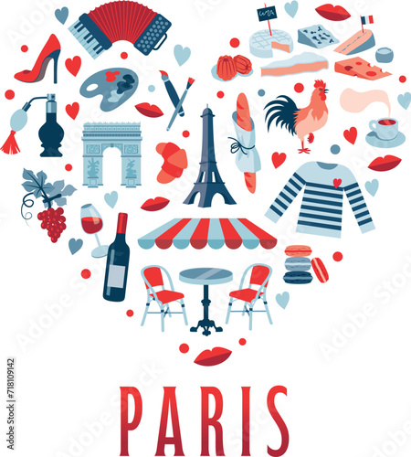Bundle collection of parisian terrace clichés. Vector illustrations separated on a white background. Wine and french cheese.