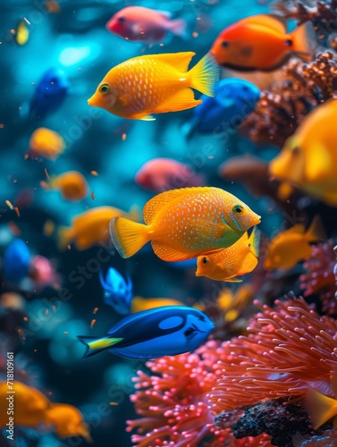 An enchanting underwater world filled with a diverse community of marine organisms, including colorful fish, vibrant coral reefs, and peaceful goldfish, creating a stunning display of life and beauty © Pinklife