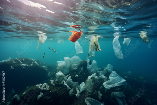 Plastic bottles and bags in the sea. Pollution of the World ocean by plastic waste.
