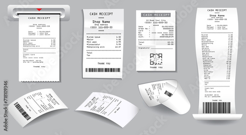 set of register sale receipt or cash receipt printed on white paper concept. 3D Render
