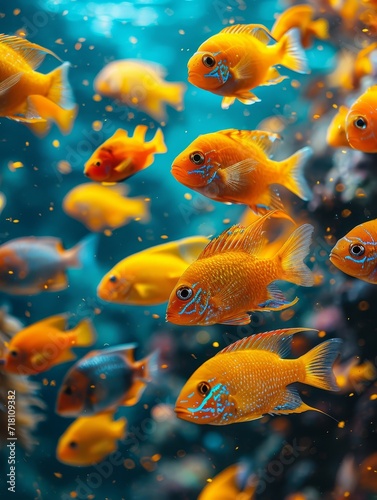 A vibrant school of orange fish gracefully gliding through the clear blue water, embodying the intricate beauty of marine biology in their sleek fins and serving as both a visual delight and essentia