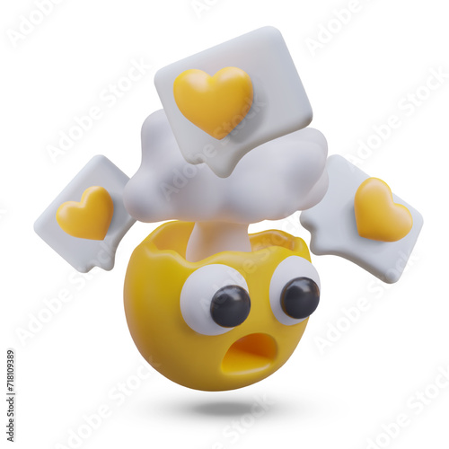 Brain explosion. Concept of pleasant surprise, active discussion. Love at first sight. 3D vector yellow emoticon with staring eyes. Comments with hearts