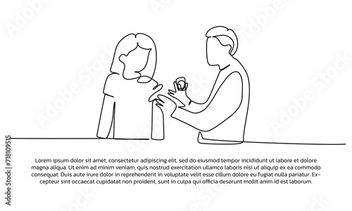 Continuous line design of the doctor injects the patient's arm. Single line decorative element drawn on white background.
