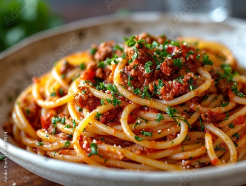 An indoor feast of perfectly cooked spaghetti with a savory bolognese sauce, topped with fresh parsley and surrounded by an array of traditional italian pasta dishes like bucatini, capellini, and lin