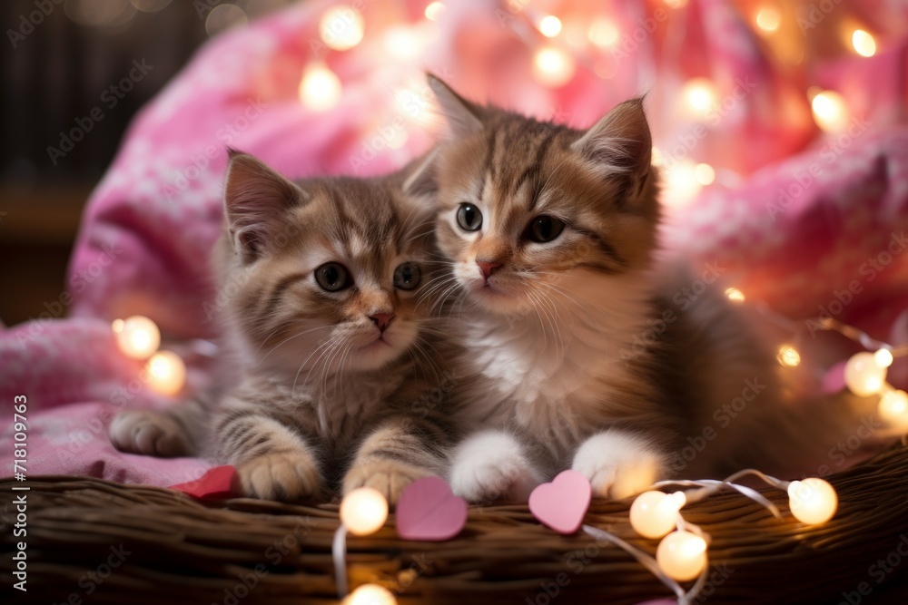 Couple of cute kittens, romance concept. Background with selective focus and copy space Couple of cute kittens, romance concept. Background with selective focus and copy space