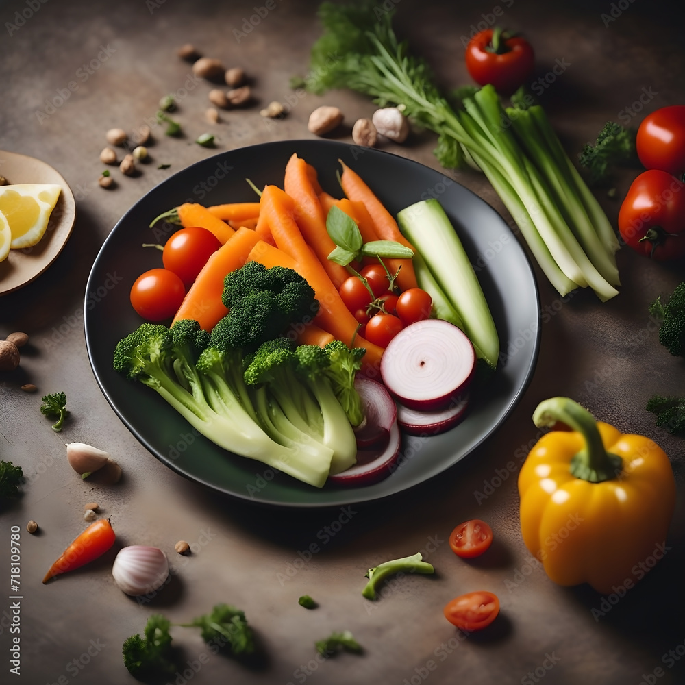 Aerial view of vegetarian food banner image, black color diet salad plate with different types of delicious vegetables and fruit slices on dark background 
