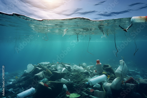 Plastic bottles and bags in the sea. Pollution of the World ocean by plastic waste.