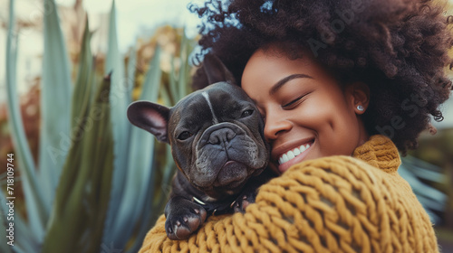 Young mixed race black woman cuddling her dog in the park, ai generated