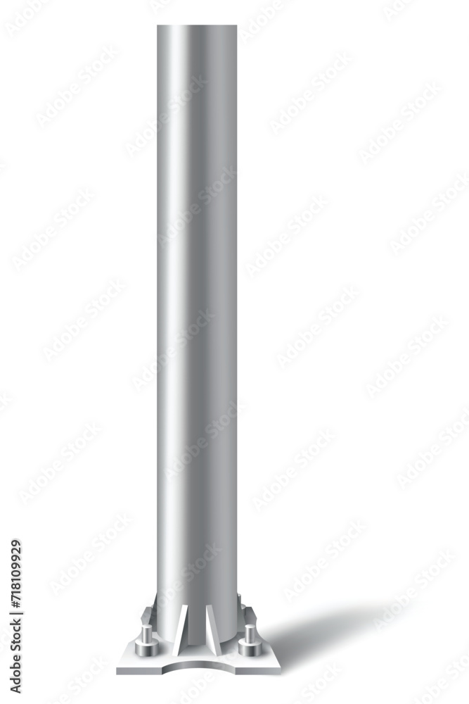 Metal pole pillar. Steel pipe bolted on flat base. Steel vertical cylinder footing for road sign, banner, billboard, isolated on white background. Vector illustration Metal pole pillar. Steel pipe bolted on flat base. Steel vertical cylinder footing for road sign, banner, billboard, isolated on white background. Vector illustration