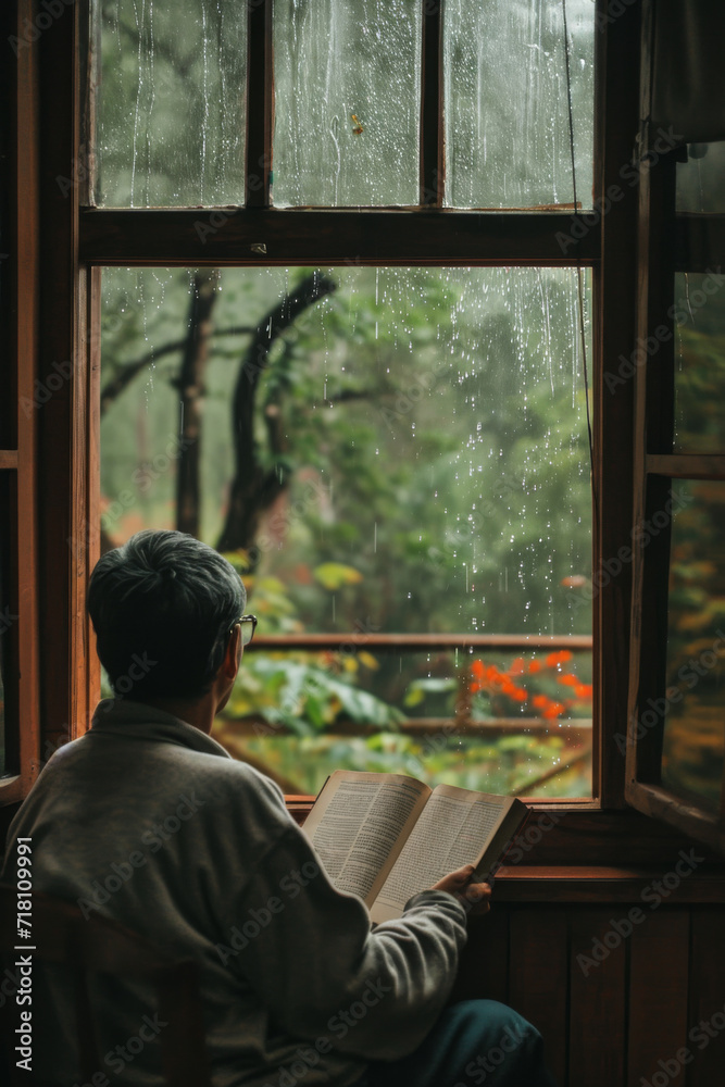 A person reading a book beside a window with a view of spring rain.
