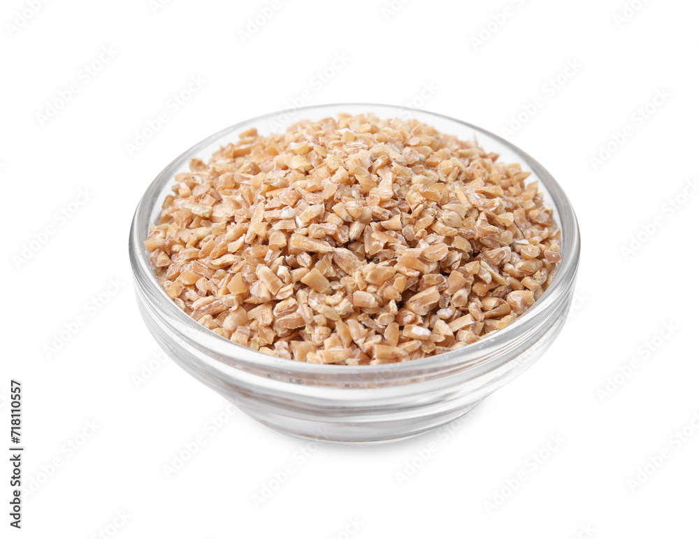 Dry wheat groats in glass bowl isolated on white Dry wheat groats in glass bowl isolated on white