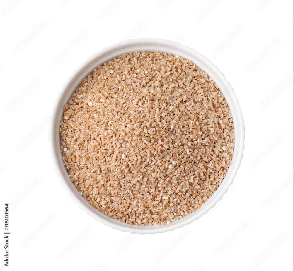 Dry wheat groats in bowl isolated on white, top view Dry wheat groats in bowl isolated on white, top view
